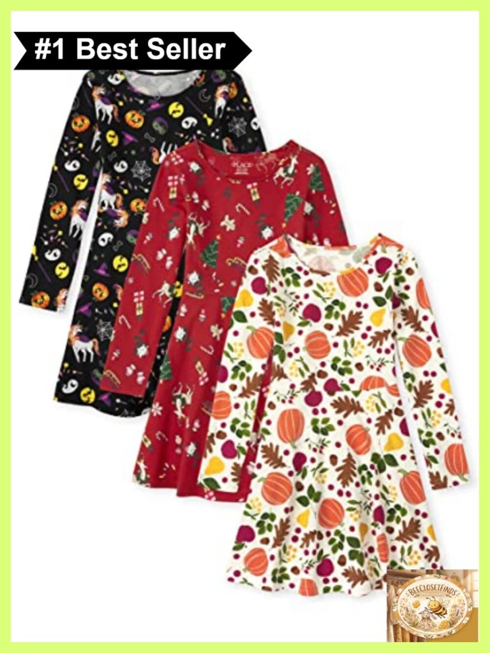 Girls Printed Skater Dress 3-Pack Long Sleeve Pullover Casual